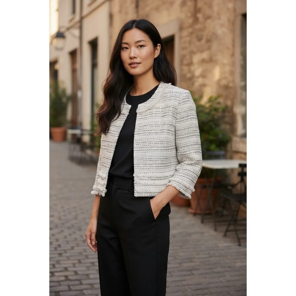 Karl‎ Lagerfeld Paris Women's Tweed Jacket Black Fringe Designer Blazer Size Med